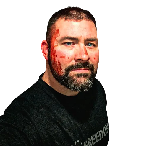 Ed Hubbell in training moulage after a trauma scenario